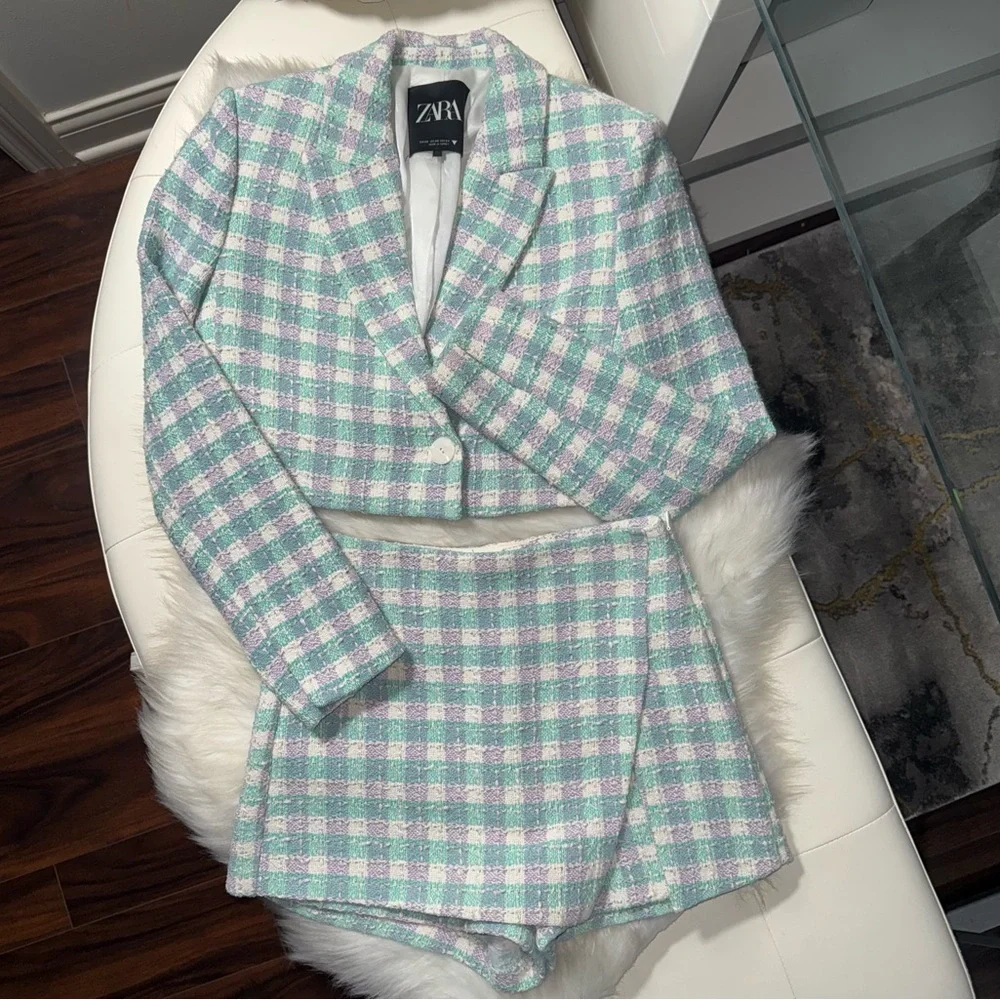 Zara Pastel Plaid Cropped Blazer and Skort Set - Picture 3 of 17